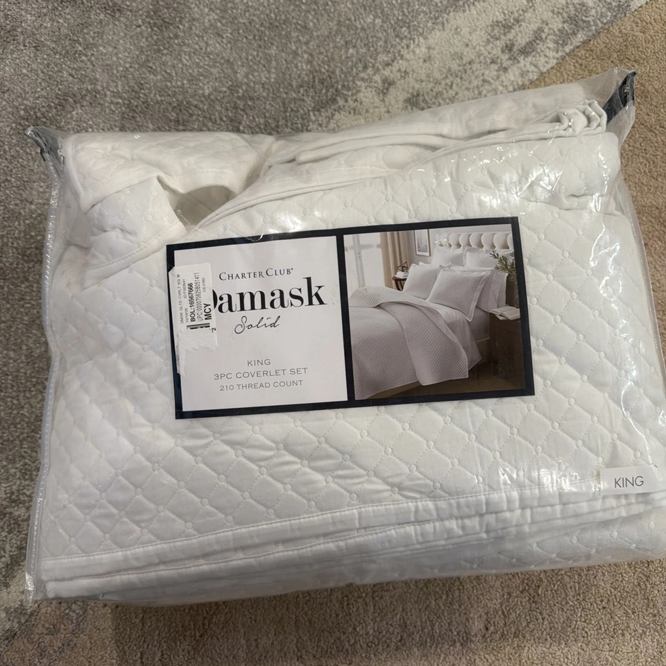 Charter Club Damasco Acolchado KING Juego de Cobertores 3 Piezas 210 Hilos Blanco Foto 4 de 4