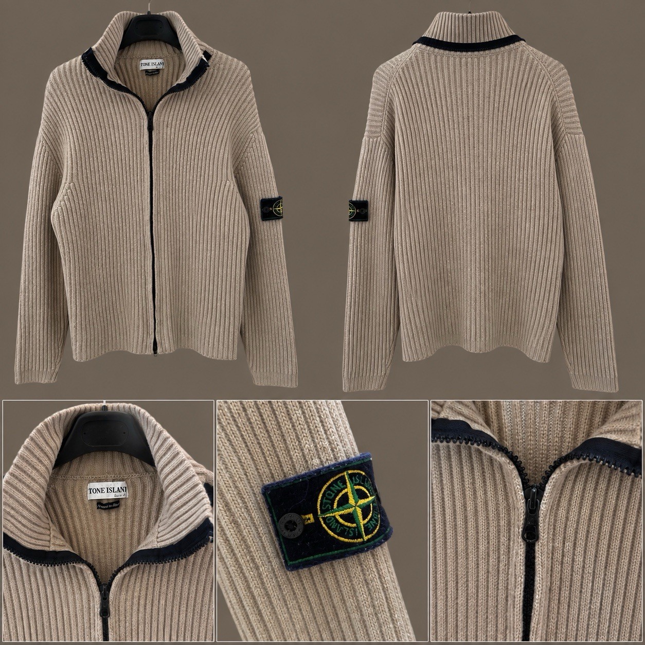 Stone Island Knitwear Jacket Men M Beige Ribbed Full Zip Cardigan Jumper Badge