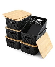 Storage Bins with Bamboo Lids Set of 6 Lidded Storage Container Plastic Black