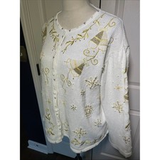 Vintage Designers Originals White Gold Embellished Holiday Cardigan Sweater MP