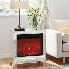 Mirrored Silver Electric Fireplace Heater Side End Table Nightstand with RC