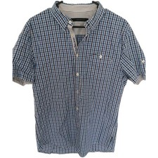 Mens Calvin Klein Blue White Shirt Classic Fit Size Large Short Sleeve