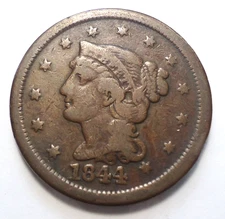 Choice Fine+ brown tough 1844 Braided hair US large 1C cent penny FREE SHIPPING!