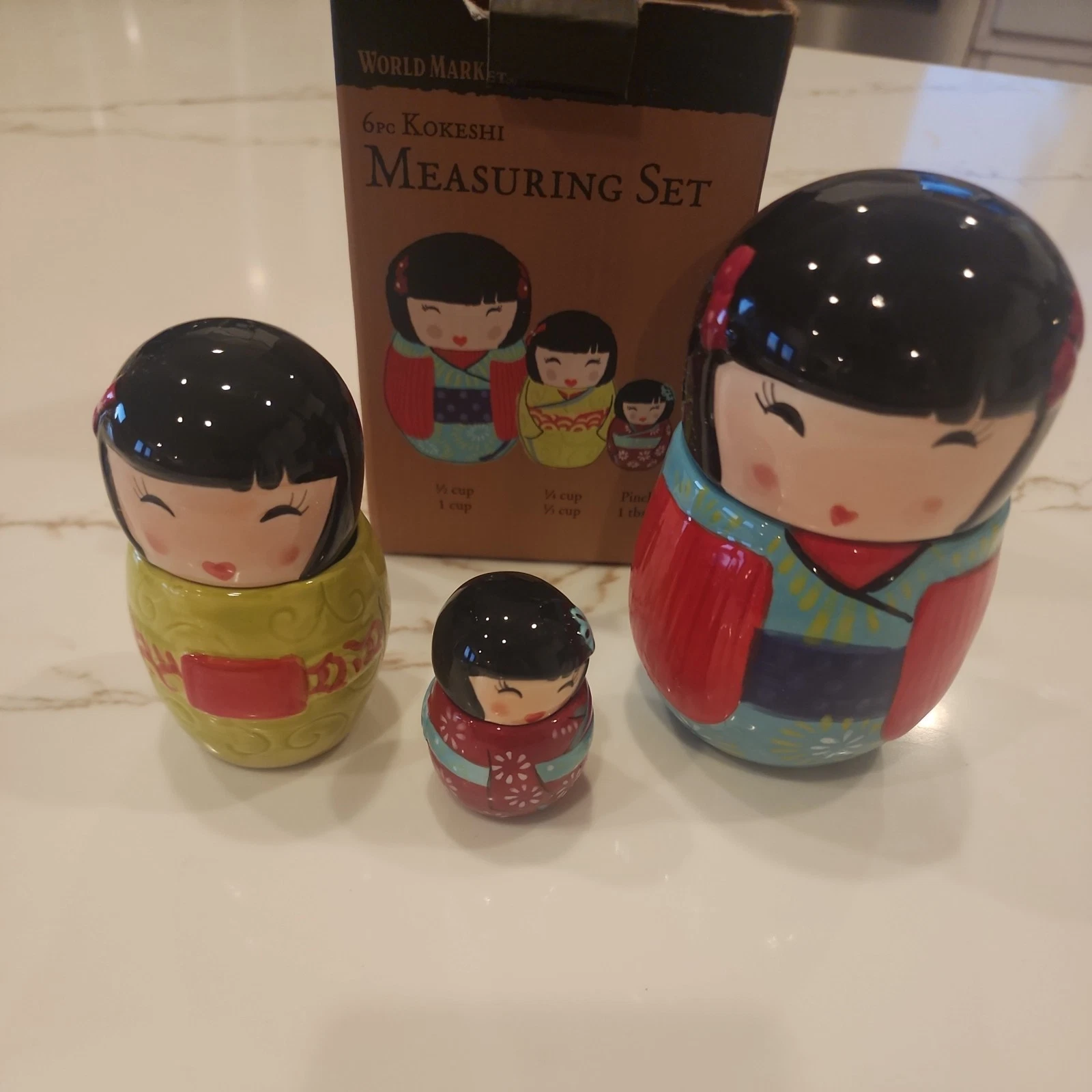 World Market Kokeshi Measuring Cups Set Nesting Dolls Ceramic With Box 6pc