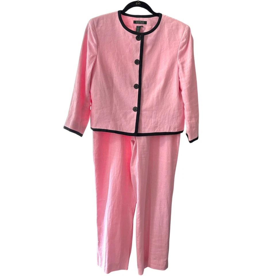 Lauren Ralph Lauren 粉色亚麻套装 2 件套夹克 10 裤 8 黑色装饰经典 — 第 2/4 张图片