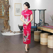 New Luxurious Pink Satin Phoenix Chinese Long Dress Cheongsam Qipao dress
