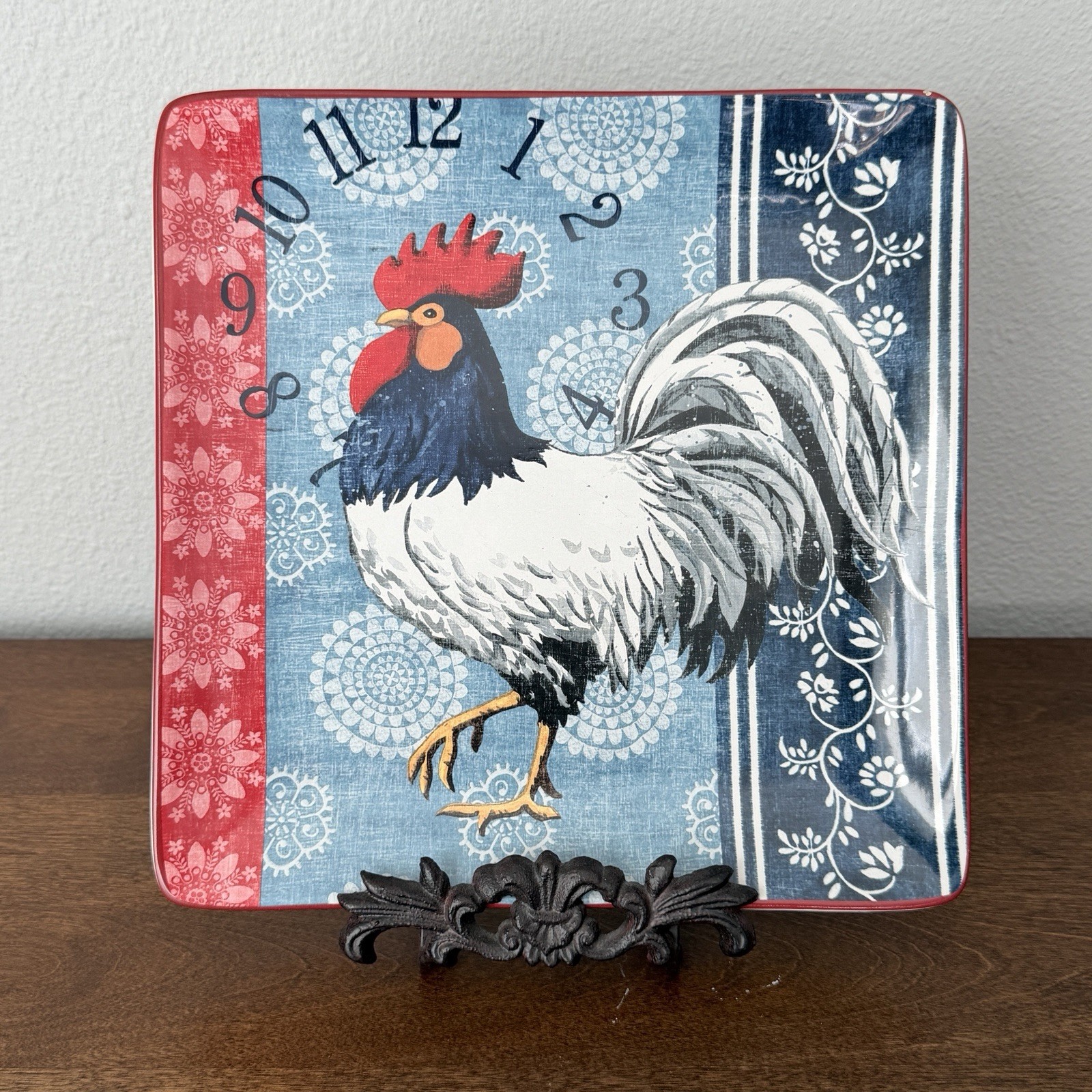 Certified International/Jennifer Brinley-10.5” Sq-Dinner Plate-Red/Blue Rooster-