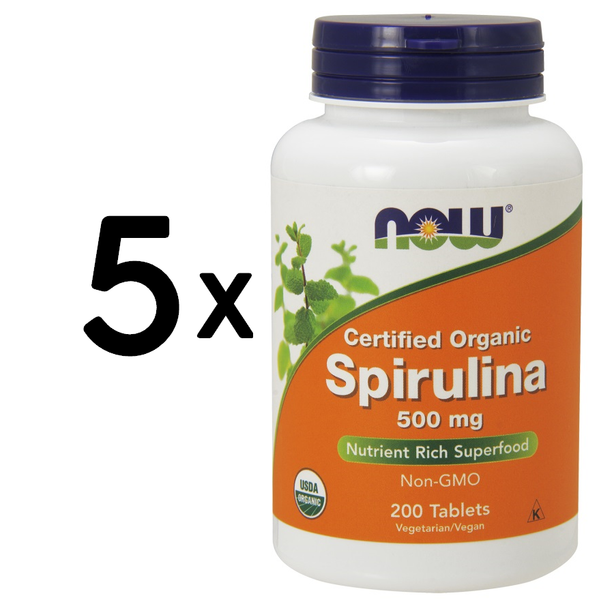 5 X NOW Foods Spirulina Certified Organic, 500Mg - 200 Tabs (54,95 Eur/Kg)-image
