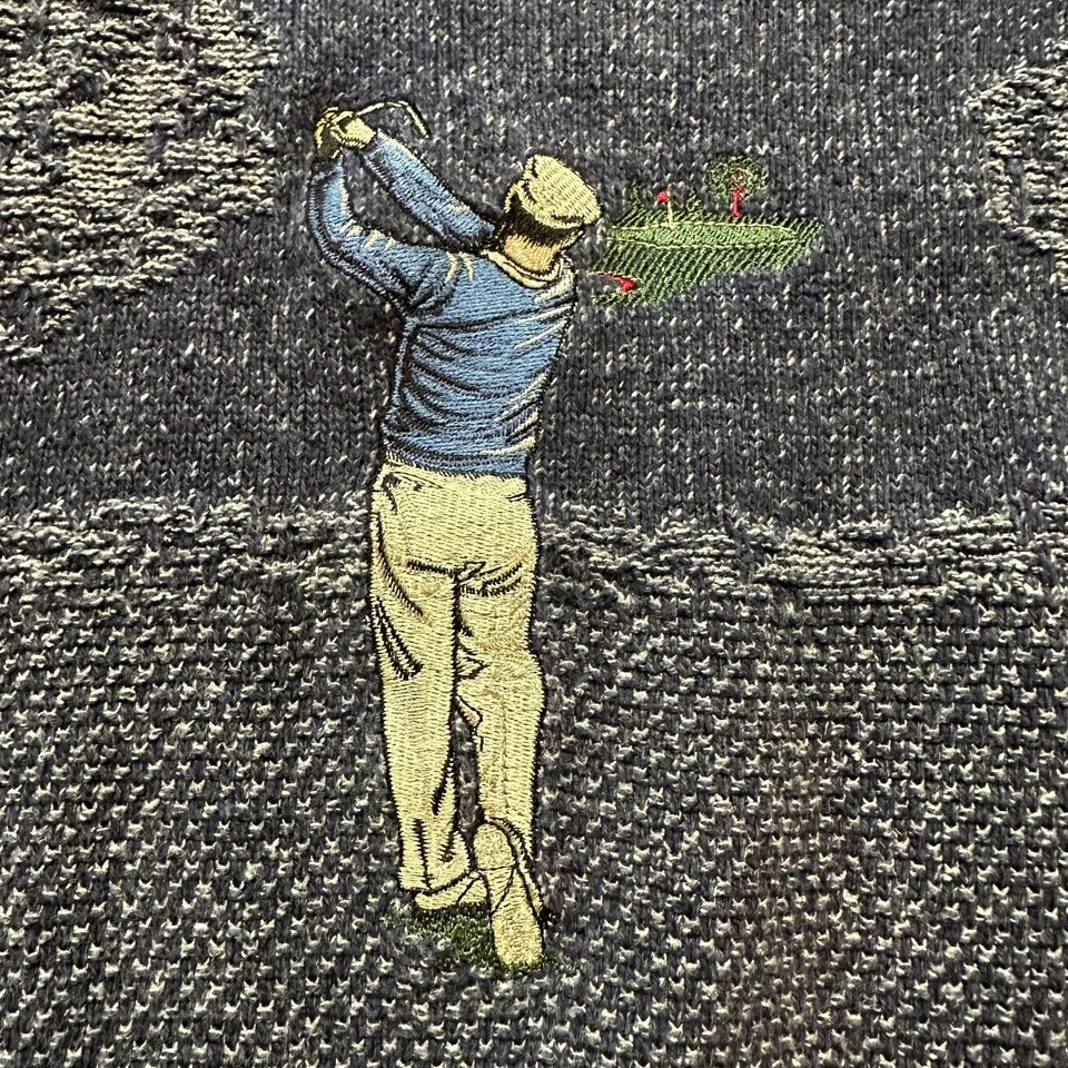 Suéter De Colección Grand Slam Para Hombres Grande Azul Escena de Golf Tejido Cuello Redondo Hecho en EE. UU. 90s Foto 3 de 4