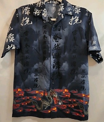 Million Guy Asian Writing & Chinese Fire Flame Dragon Men s Button Down Shirt M
