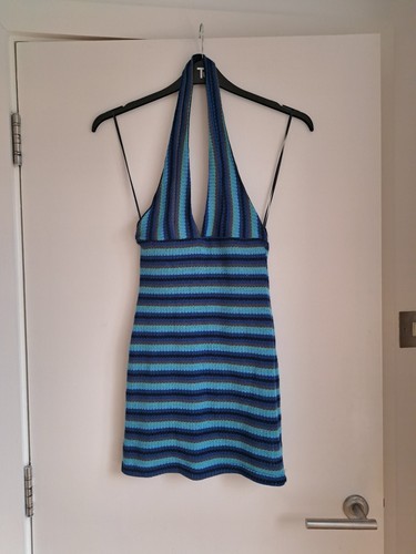 Retro 70s Halterneck Dress Mini Size S Striped Crochet Blue Pull&Bear BNWT - Picture 1 of 18