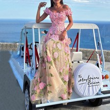 3D Pink Flowers Prom Dresses Tulle Floor-Length A-Line Backless Elegant