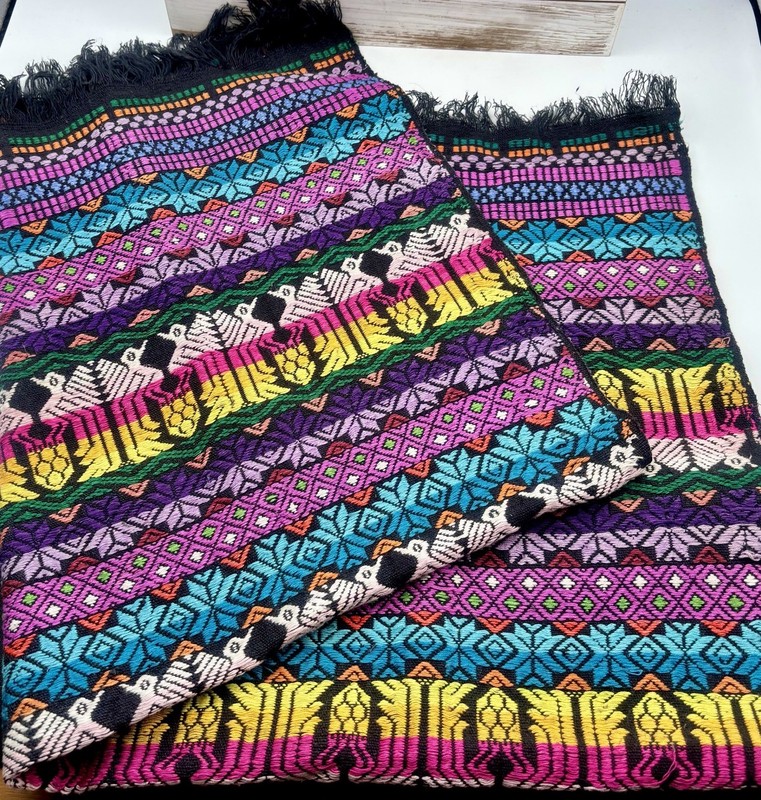 Vintage Hand Loomed Cotton Embroidered Guatemalan Textile Tablecloth 30” X 36”