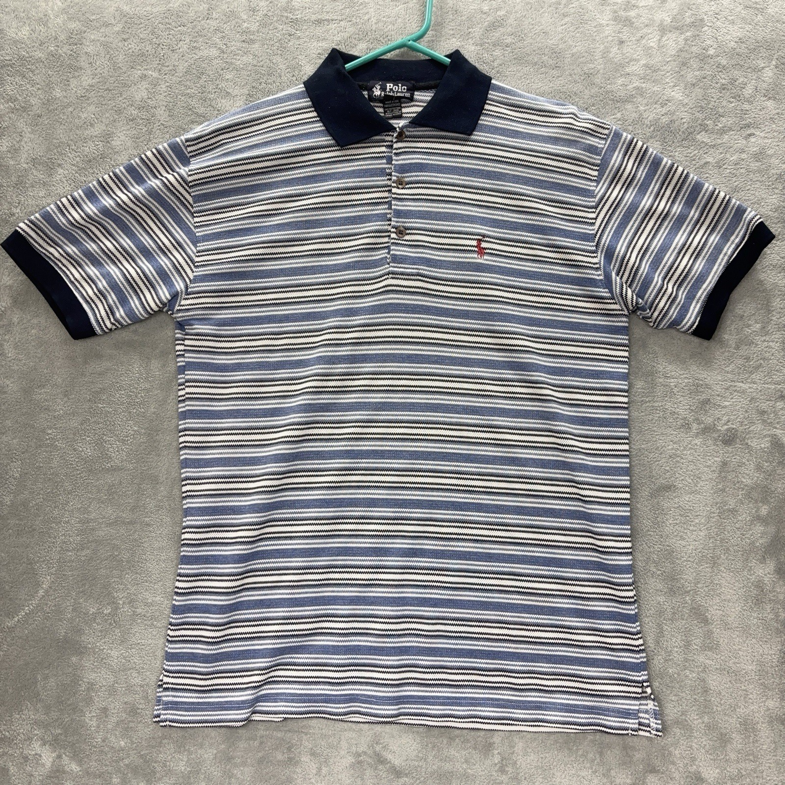 Polo Ralph Lauren Shirt Mens Medium Blue Striped Knit USA Made Vintage