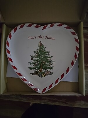 Spode Christmas Tree Heart Shaped Dish  Bless this Home  Peppermint Stripe 7 3/4