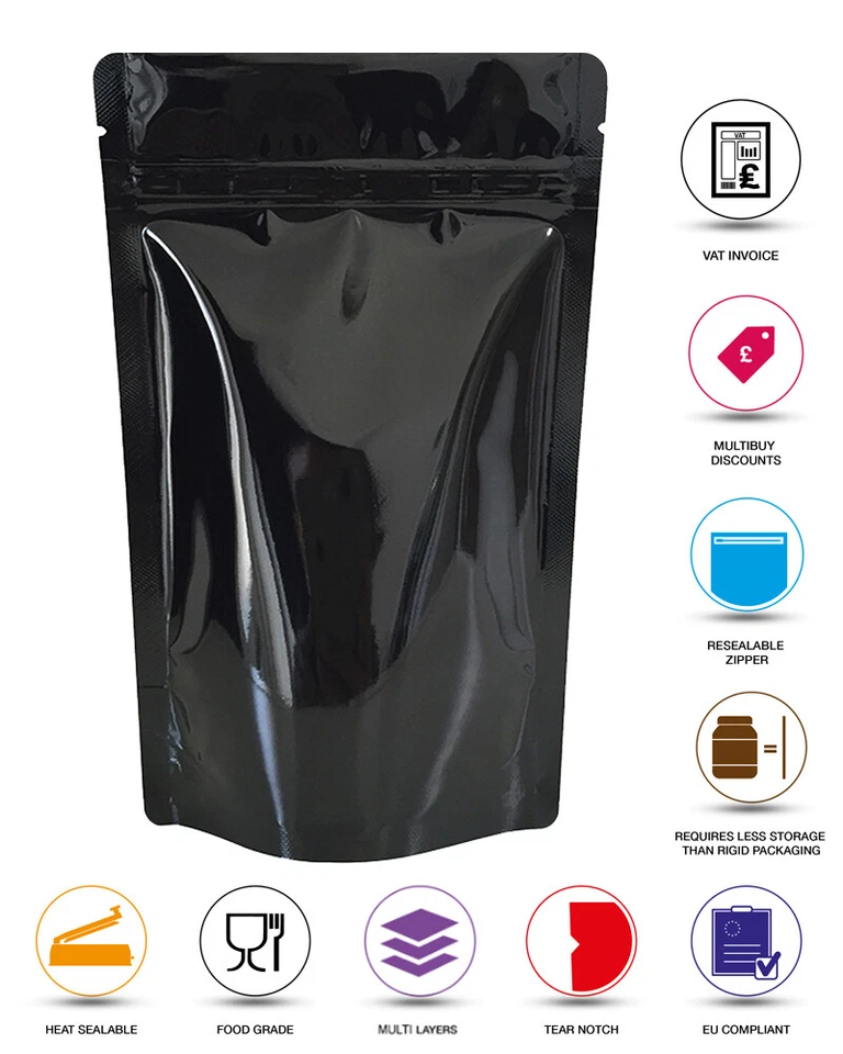 Glossy Shiny Foil Resealable Zip Lock Bags Stand Up Pouches Food Grade Heat Seal - Image 3 of 4