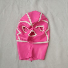 Handmade Latex Hood Mask Pink with White Open Eye Mouth Back Zip Cosplay Costume