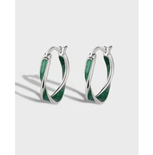 Twist Green Enamel Ribbon Click Top Hoop Pierced Silver Earrings 16mm PE63