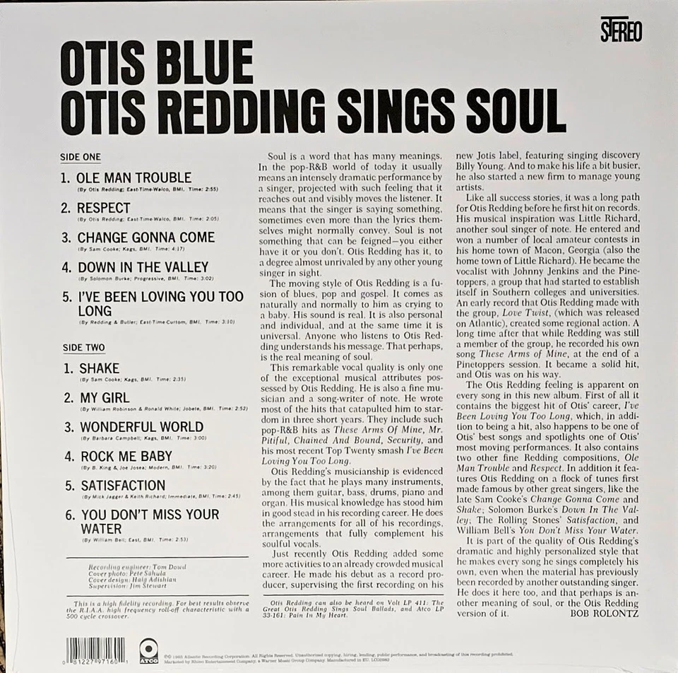 OTIS REDDING - OTIS BLUE OTIS SINGS SOUL - 180-GRAM BLUE VINYL LP " NEW, SEALED - Image 2 of 2