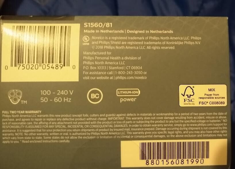 Brand NEW PHILIPS NORELCO Shaver 2100 S1560/81 cordless Lithium Ion w/ Trimmer