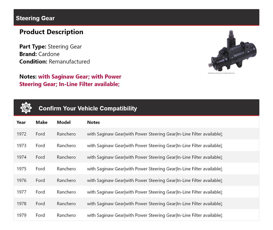 Para Ford Ranchero 1972-1979 engranaje de dirección Cardone 1973 1974 1975 1976 1977 1978 Foto 2 de 4