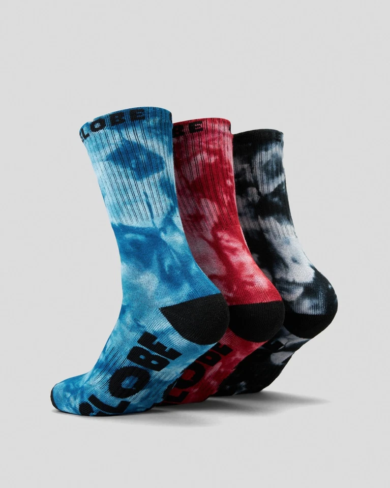 Paquete de 3 calcetines Globe todos atados Crew Asst Tie Dye TALLA 7-11 Skateboard Sox Foto 3 de 4
