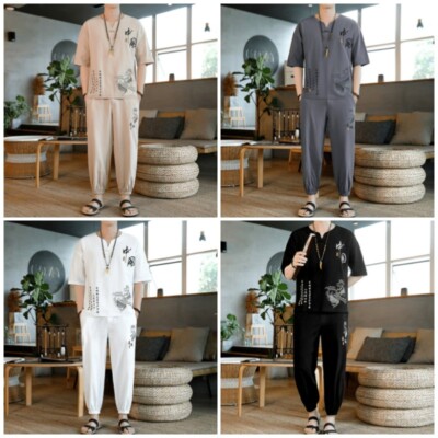 Mens Chinoiserie Linen Shirt Pants Set Short Sleeve V Neck Ankle Length