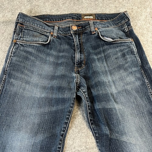 Wrangler Greensboro Jeans Mens 34 32 Slim Dark Wash Blue Whiskers Cowboy Western - Picture 3 of 13