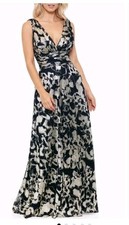 Image of Betsy & Adam Navy Blue Gold Foil Print Sleeveless Mesh Gown Size 8 Prom Wedding
