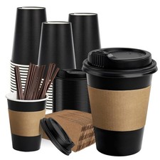 12 Oz 50 Pack Black Disposable Coffee Cups with Lids Sleeves