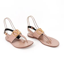 Valentino Garavani Vlogo T-Strap Flat Sandals Beige Leather Size 40.5 US 10.5