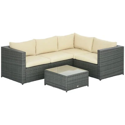 Outsunny 3Pcs Rattan Corner Sofa Set with Coffee Table, Cushion, Beige - Image 1 of 4