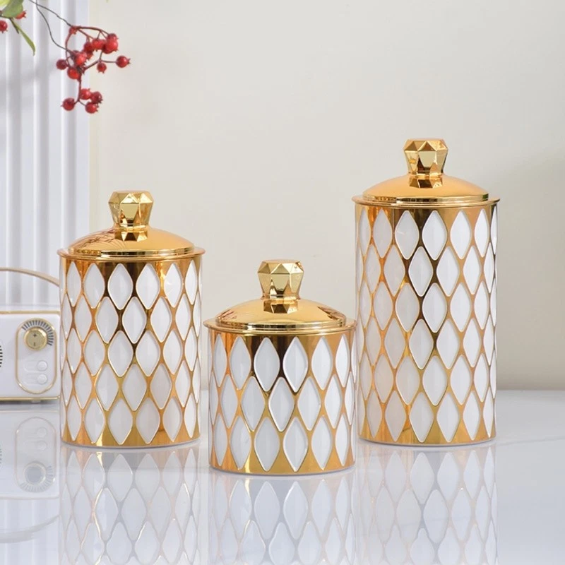 Set Of 3 Stylish Gold Decoration Sealed Canister Transparent Organizers Jars