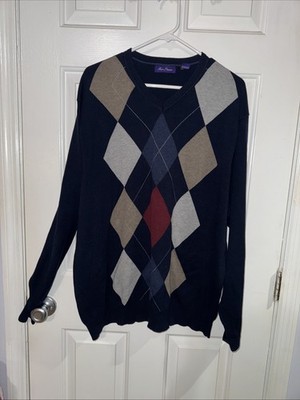 Alan Flusser Men's Sweater 100% Cotton Argyle Beige 2X-Large Dark Blue