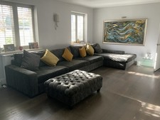 Fabirc 7 Seater Sofa Grey Fabric, 2 Yrs Old - With Matching Foot Stool / Storage