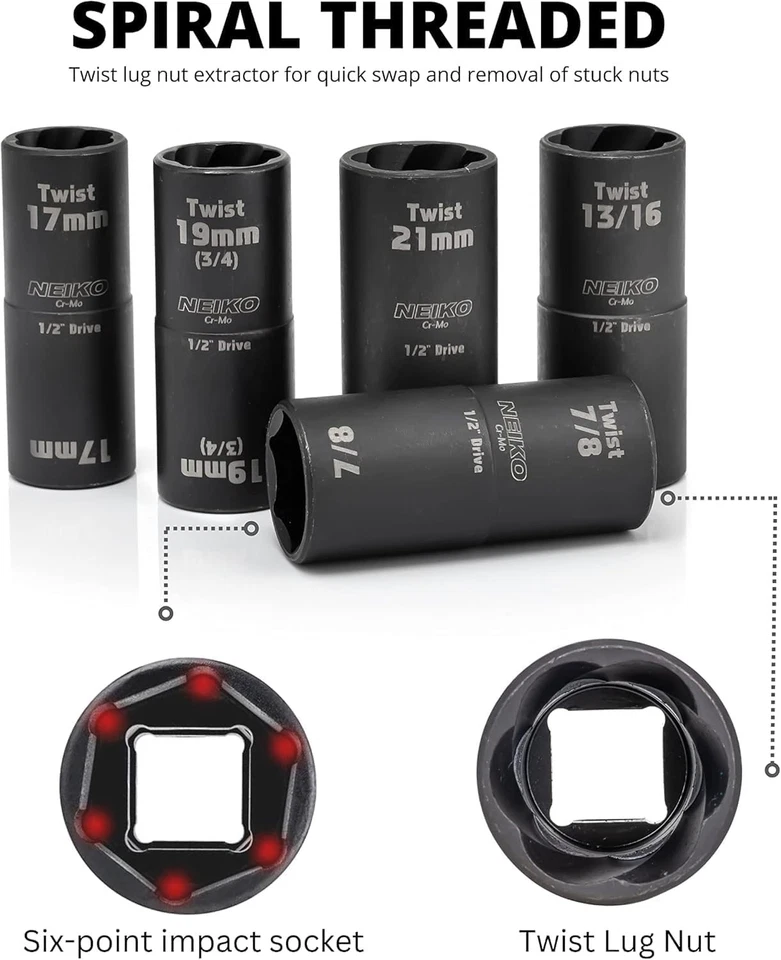 NEIKO 02340A Twist Socket Set, 6 Pc Lug Nut Extractor, SAE & Metric, 1/2 Inch - Image 2 of 4