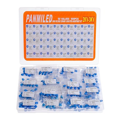 PANMILED 50 Values 500 Pieces High Voltage DIP Ceramic Capacitor Assortment... 