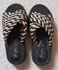 New Ladies Mules by Be You, Raffia Sandal, Size 4, Black/Beige