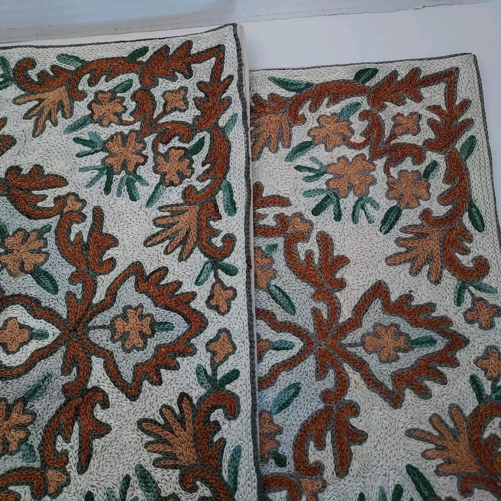Pr. Vtg Hand Embroider Kashmiri Kashida Chain Stitch Fall Floral Pillow Covers 
