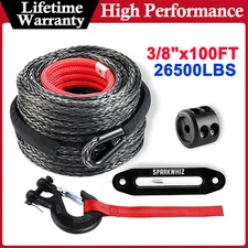 SPARKWHIZ 3/8"x100FT 26500LBS Synthetic Winch Rope Cable Kit Winch Cable Line