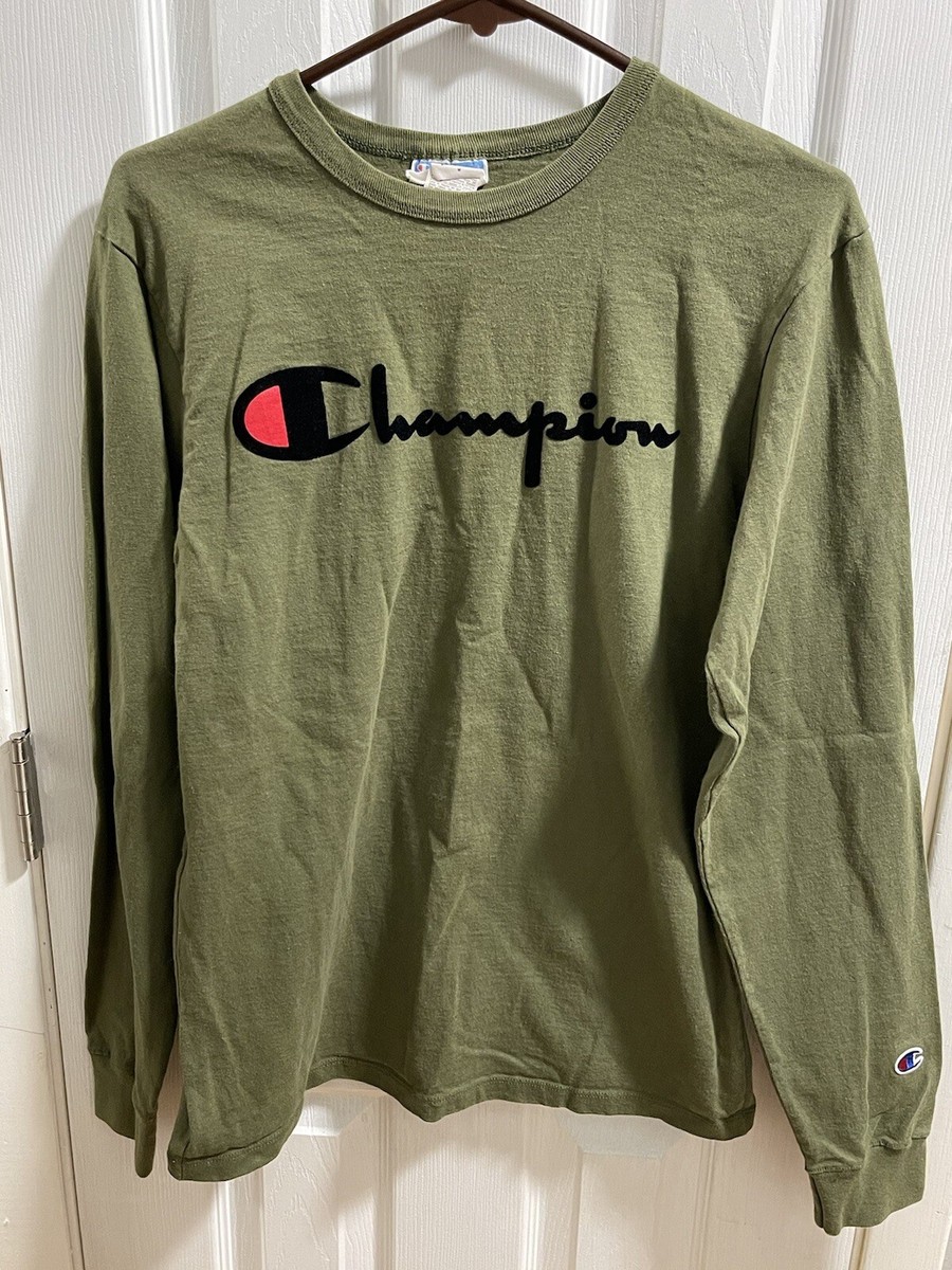 Champion Long Sleeve Shirt Olive Green Flock Script Velvet Logo