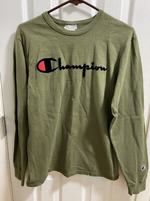 Champion Long Sleeve Shirt Olive Green Flock Script Velvet Logo