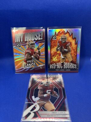 3 CARD! 2021 Optic TREY LANCE MY HOUSE, White Hot SILVER PRIZM Elite 49ers RC  