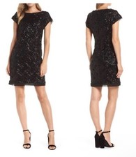Eliza J Womens size 8 Black Sheath Mini dress Sequins short cap Sleeve back zip
