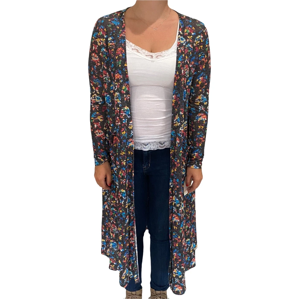 LULAROE Sarah Cardigan Sweater Duster Long Pockets Linen Rainbow Print NWT S 🦄 - Image 4 of 4