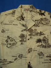 Evergreen Island Hawaiian Aloha Shirt Cotton Poly Islands Map Brown/Beige Size L