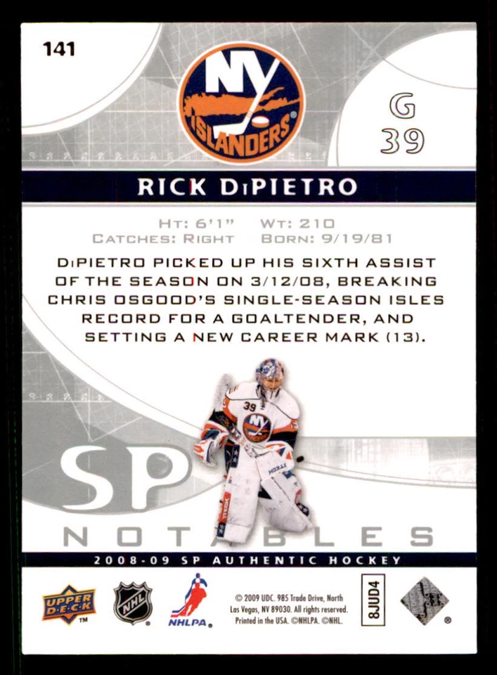 2008-09 SP Authentic #141 Rick DiPietro N /999 - Image 2 of 2