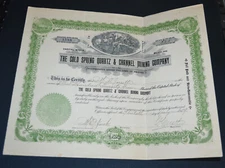 The Cold Spring Quartz & Channel Mining Company 1909 stock certificate