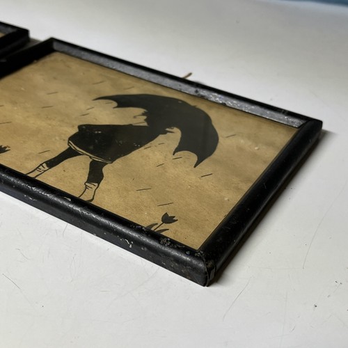 Painted Umbrella Girl Boy Sailboat Silhouette Framed Vintage 2 Piece Art - Picture 15 of 17
