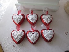 6 Elegant Red Glitter  Lace Heart Valentines Day Ornaments, appx. 2.5" NEW
